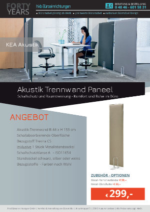 Angebot Akustik Trennwand Paneel aus der Kollektion KEA Akustik von der Firma HKB Büroeinrichtungen GmbH Husum