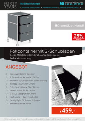 Angebot Rollcontainer mit 3-Schubladen aus der Kollektion Büromöbel Metall von der Firma HKB Büroeinrichtungen GmbH Husum