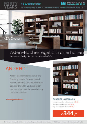Angebot Akten-Bücherregal 5 Ordnerhöhen aus der Kollektion Chefschreibtisch KEA Crown von der Firma HKB Büroeinrichtungen GmbH Husum 