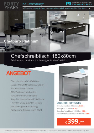 Angebot Chefschreibtisch 180x80 cm aus der Kollektion Büromöbel Platinum von der Firma HKB Büroeinrichtungen GmbH Husum