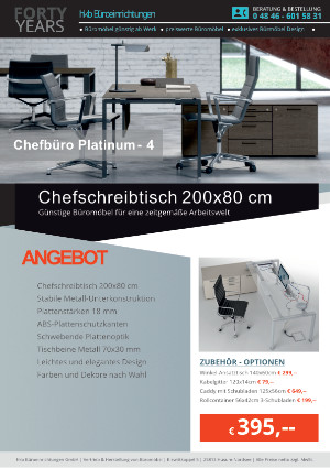 Angebot Chefschreibtisch 200x80 cm aus der Kollektion Büromöbel Platinum-4 von der Firma HKB Büroeinrichtungen GmbH Husum