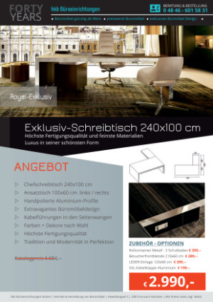 Angebot Exklusiv-Schreibtisch 240x100 cm aus der Kollektion Chefschreibtisch Royal Exklusive von der Firma HKB Büroeinrichtungen GmbH Husum