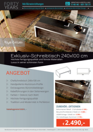 Angebot Exklusiv-Schreibtisch 240x100 cm aus der Kollektion Chefschreibtisch Royal Exklusive von der Firma HKB Büroeinrichtungen GmbH Husum