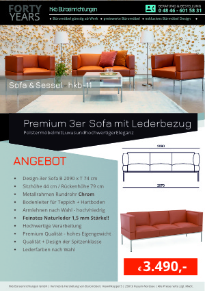 Angebot Design 3er Sofa mit Armlehnen aus der Kollektion hkb-11 von der Firma HKB Büroeinrichtungen GmbH Husum