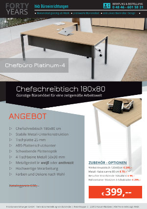 Angebot Chefschreibtisch 180x80 cm aus der Kollektion Büromöbel Platinum-4 von der Firma HKB Büroeinrichtungen GmbH Husum