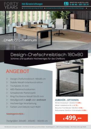 Angebot Chefschreibtisch 180x80 cm aus der Kollektion Büromöbel Platinum von der Firma HKB Büroeinrichtungen GmbH Husum