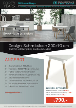 Angebot Design-Schreibtisch 200 x 90 cm Stockholm Direktion von der Firma HKB Büroeinrichtungen GmbH Husum