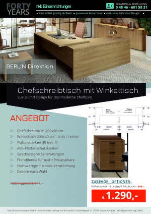 Chefschreibtisch mit Winkeeltisch aus der Kollektion Büromöbel Berlin von der Firma HKB Büroeinrichtungen GmbH Husum