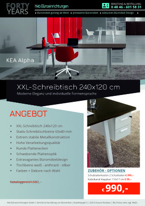 Angebot XXL Schreibtisch aus der Kollektion Chefschreibtisch KEA Alpha von der Firma HKB Büroeinrichtungen GmbH Husum