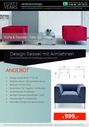Angebot Design Sessel mit Armlehnen aus der Kollektion hkb-22 von der Firma HKB Büroeinrichtungen GmbH Husum