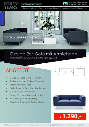Angebot Design 2er Sofa mit Armlehnen aus der Kollektion hkb-22 von der Firma HKB Büroeinrichtungen GmbH Husum
