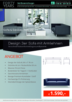 Angebot Design 3er Sofa mit Armlehnen aus der Kollektion hkb-22 von der Firma HKB Büroeinrichtungen GmbH Husum