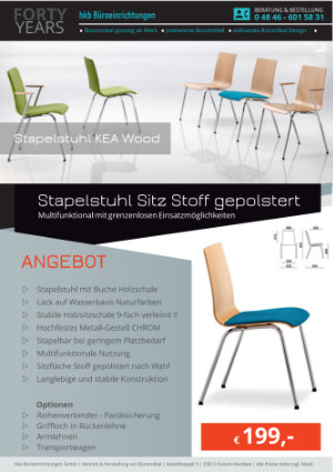 Angebot Design Stapelstuhl Sitz Stoff gepolstert aus der Kollektion Stapelstühle KEA Wood von der Firma HKB Büroeinrichtungen GmbH Husum