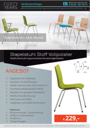 Angebot Design Stapelstuhl Stoff Vollpolster aus der Kollektion Stapelstühle KEA Wood von der Firma HKB Büroeinrichtungen GmbH Husum