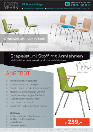 Angebot Design Stapelstuhl Stoff mit Armlehnen aus der Kollektion Stapelstühle KEA Wood von der Firma HKB Büroeinrichtungen GmbH Husum