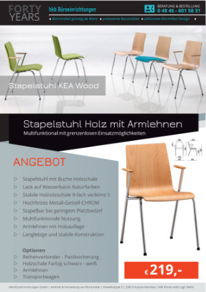 Angebot Design Stapelstuhl Holz mit Armlehnen aus der Kollektion Stapelstühle KEA Wood von der Firma HKB Büroeinrichtungen GmbH Husum