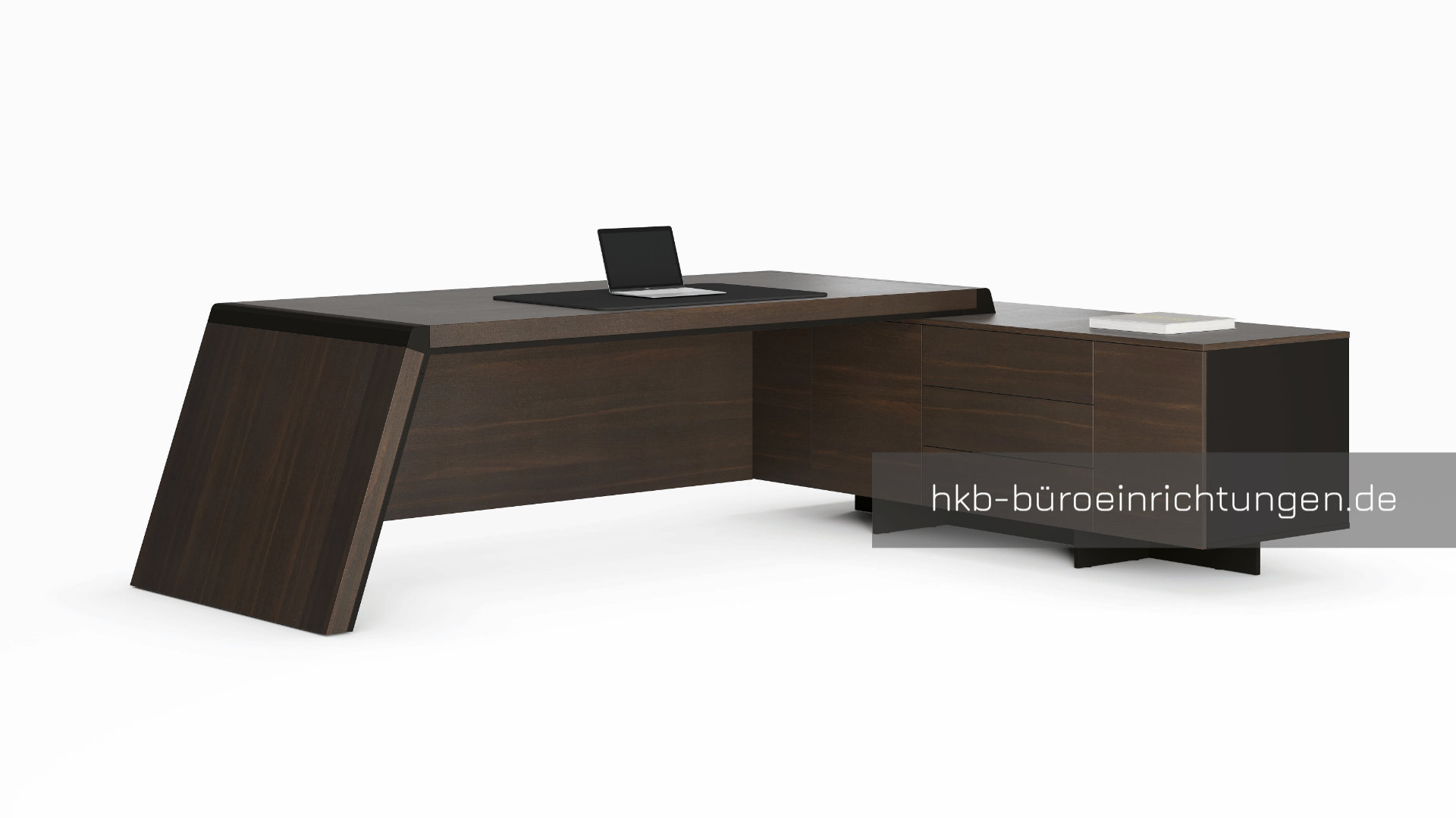 Eleganter Chefschreibtisch mit integriertem Sideboard, kombiniert Stil und Funktionalität.