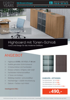 Highboard in Holzdekor, Türen mit Schloss, kompakte Höhe 3 Ordner